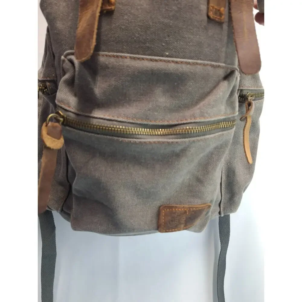 Canvas Leather Backpack Gray Brown Laptop Rucksack Fits 17” laptop